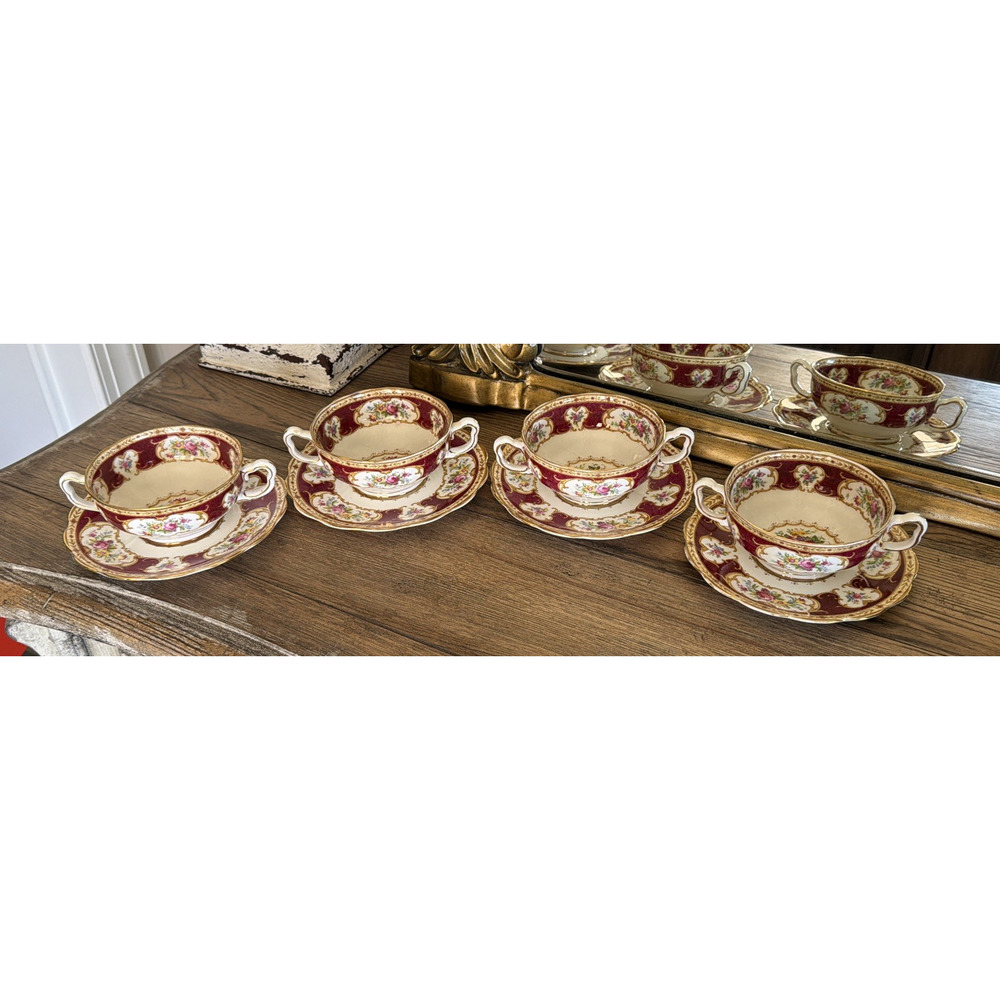 Royal Albert Lady Hamilton Cream Soup with Saucers - Set of 4 Round Handle 1940